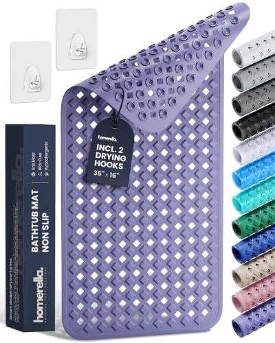 Bathtub Mat Non Slip 35x16 - homerella® Bath Mat Incl. Hooks for Drying, Extra Long, 100% BPA Free, Shower Mat Non Slip Anti Mold, Machine Washable, Shower Mats for Inside Shower Mildew Resistant - color: Purple, size: 34.5" x 15.5" (Rectangular)