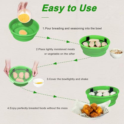 FJNATINH Collapsible Batter Bowl - Mess Free Better Breader Shaker Bowl with Lid Breading Shaker Container for Fried Fish, Fried Chicken, Onion Rings & More,No Leak,Easy to Store,Grass Green - color: Grass Green