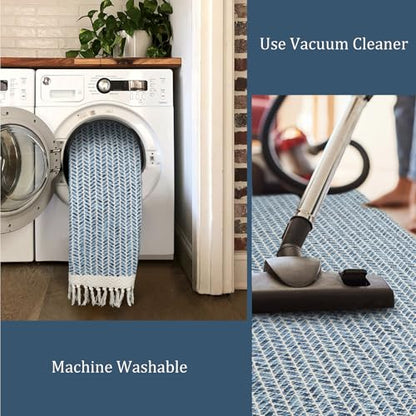 Lahome Belle Boho Kitchen Runner Rugs, 2x6 Laundry Room Rug Lightweight Bathroom Runner Woven Cotton Throw Mat with Tassels, Farmhouse Washable Blue Rug Low Pile Runners for Hallways Entry - color: Blue/Multi, size: 2' x 6' (Runner)