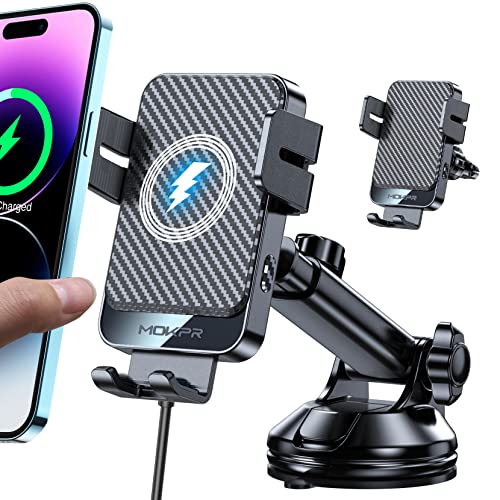 Wireless Car Charger, MOKPR 15W Fast Charging Auto-Clamping Car Mount Universal Hands-Free Car Charger Mount for Dash Windshield Air Vent Compatible with iPhone 16 15/14/13/12, Samsung S23/S22/S21,etc - color: Grey