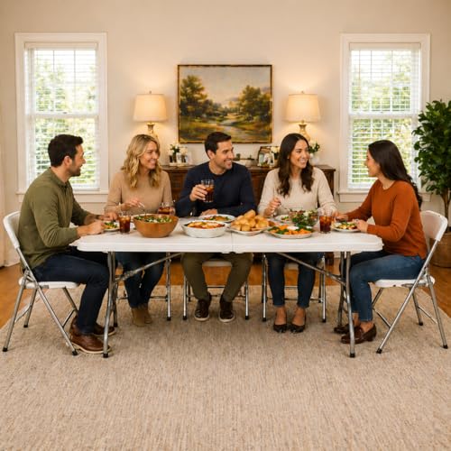 6ft Folding Table with Handle, Portable Plastic Table, White | Heavy Duty & Foldable, Fold in Half Table with Steel Frame, Indoor & Outdoor Use, Perfect for Camping, Picnic, Wedding, Party - size: 6FT