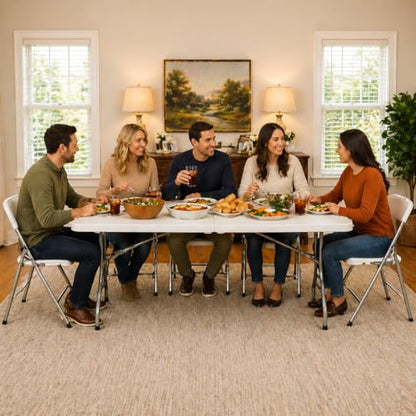 6ft Folding Table with Handle, Portable Plastic Table, White | Heavy Duty & Foldable, Fold in Half Table with Steel Frame, Indoor & Outdoor Use, Perfect for Camping, Picnic, Wedding, Party - size: 6FT