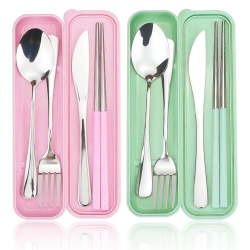 JEPELUS 2 Pcs Travel Utensils with Case, Reusable Lunch Box Silverware Set for Adult, Stainless Steel Cutlery Set Include Fork Spoon Knife Chopsticks Case for Work Camping Office School (Pink+Green)
