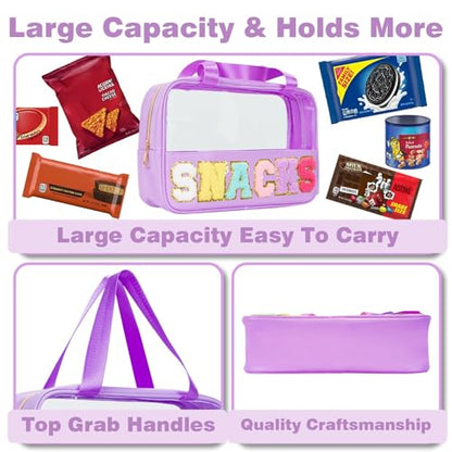 Snack Bags Chenille Letter Patch Clear Bag for Travel, Preppy Cosmetic Bag Snack pouch with Zipper, Toiletry Bag for Traveling Women, Clear Travel Bags for Toiletries (Deep Purple) - color: Deep Purple