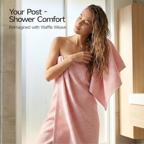 REDKISS 100% Cotton Waffle Weave Bath Towels 4 Pack - 27.5x55 Inches| Lightweight, Quick Dry & Highly Absorbent,Perfect for Spa, Gym, Travel, Guest Bathroom-Pink - color: Pink