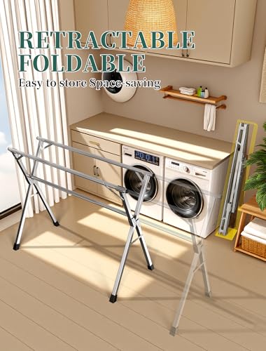 79 Inches Heavy-Duty Stainless Steel Folding Clothes Drying Rack Clothing Indoor Outdoor Anti-Rust 20 Windproof Hooks Portable & Foldable Laundry Rack (79'') - size: 79''
