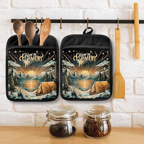 Boho Sun Starry Forest Camping Pot Holders with Pockets, Gifts for Camping Lovers, Enjoy the Moment Oven Pot Holders Heat Resistant Oven Mitts Hot Pads for Kitchen Baking Cooking - color: Campfire-a