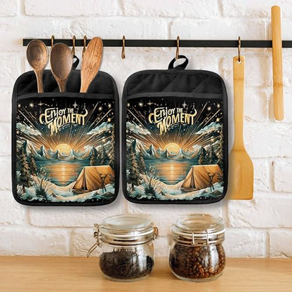 Boho Sun Starry Forest Camping Pot Holders with Pockets, Gifts for Camping Lovers, Enjoy the Moment Oven Pot Holders Heat Resistant Oven Mitts Hot Pads for Kitchen Baking Cooking - color: Campfire-a