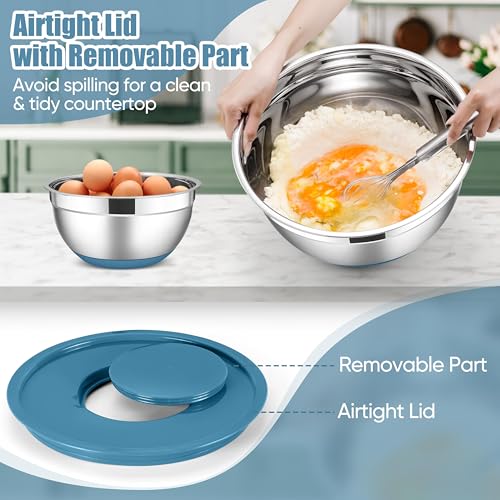 E-far Stainless Steel Mixing Bowls with Lids Set, 5-Piece Nesting Salad Bowls with 3 Grater Attachments and Non-Slip Bottoms, Size 4.6, 2.6, 2, 1.5, 1QT for Kitchen (Blue) - color: Blue, size: 5 Regular Sizes
