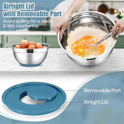 E-far Stainless Steel Mixing Bowls with Lids Set, 5-Piece Nesting Salad Bowls with 3 Grater Attachments and Non-Slip Bottoms, Size 4.6, 2.6, 2, 1.5, 1QT for Kitchen (Blue) - color: Blue, size: 5 Regular Sizes
