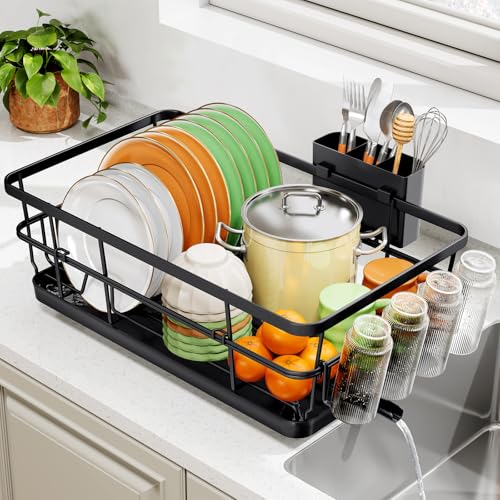 TOOLF Dish Drying Rack, Dish Racks for Kitchen Counter, Stainless Steel Sink Organization and Storage Essentials with Cutlery Holder, Dish Drainer, Home and Appartment Decor, 12.4''W x 16.5''L, Black - color: Black, size: XLarge