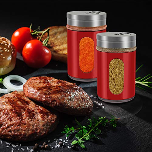 Accmor 2pcs Salt and Pepper Shakers,Stainless Steel Shaker for Salt Powder Sugar Cinnamon Pepper, Spice Dispenser with Adjustable Pour Holes,Red - color: Red
