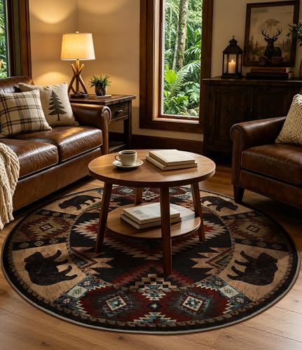 YIHOUSE Southwestern Round Rug 4ft, Low Pile Soft Circle Rug with Non-Slip Backing, Western Rustic Washable Rugs for Living Room, Bedroom - color: Bear, size: 4' (Round)