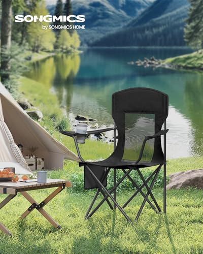 SONGMICS 2 Pack Breathable Camping Chairs, 330 lb Capacity Foldable Outdoor Chairs, High Back, Adjustable Armrests & Cup Holder, for Sports Garden Backyard, Ink Black UGCB028B02 - color: Black, style: 2PC (20.3"D x 34"W x 38.2"H)