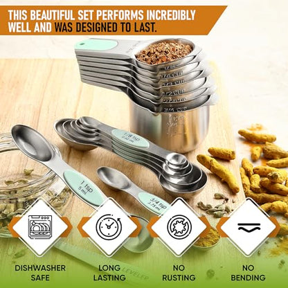 Spring Chef Magnetic Measuring Cups & Spoons Set, Patented, Strong N45 Magnets, Heavy Duty Stainless Steel Fits in Spice Jars for Baking & Cooking, BPA Free, Round Set of 15 with Leveler, Mint - color: Mint, size: Set of 15