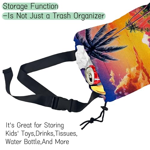 Beach Sunrise Car Garbage Bag,Palm Tree Waterproof Small Car Trash Bag Hanging Back of Seat,Drawstring Hanging Car Trash Bag with Adjustable Buckle for Car Accessories - color: Beach Sunrise