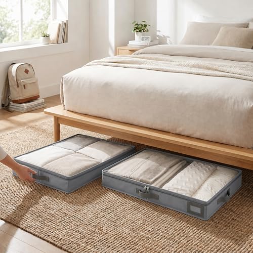 4" Low Profile Under Bed Storage Bins (3-Pack, Grey), Slim 600D Oxford Fabric Clothes Organizer Box with Reinforced Leather Handles, Sturdy Clear Lid - size: 4-Inch (3-PACK) - Slim