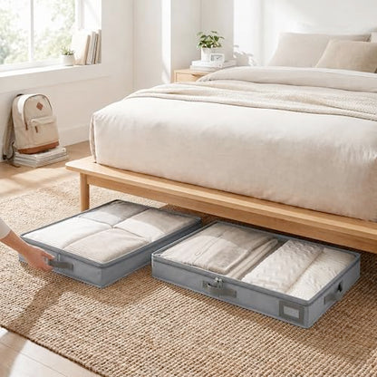 4" Low Profile Under Bed Storage Bins (3-Pack, Grey), Slim 600D Oxford Fabric Clothes Organizer Box with Reinforced Leather Handles, Sturdy Clear Lid - size: 4-Inch (3-PACK) - Slim