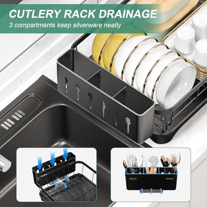 Dish Drying Rack for Kitchen Counter – Large Capacity Single Tier Dish Drainer with Utensil Holder & Cutlery Tray, Space Saving Countertop Organizer, Black - color: Single Tier - Black