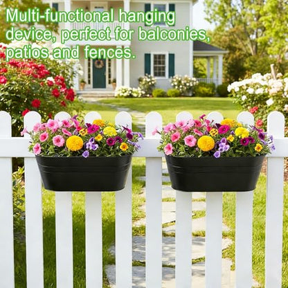 10.6 Inch 3 Pack Long Slot Wrought Iron Hanging Flower Pots Small Metal Hanging Flower Basket with Removable Hooks and Drainage Holes Suitable for Porch Railing Balcony Fence Garden (HS)