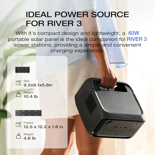 EF ECOFLOW Solar Generator RIVER 3 with 60W Solar Panel, 245Wh Portable Power Station LFP Battery, 300W Up to 600W AC Output, <20 MS UPS, 1Hr Fast Charging Power Station for Outdoor/RVs - style: RIVER 3+60W Solar Panel