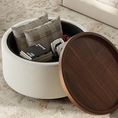 Round Storage Ottoman Coffee Table with Walnut Tray, 30'' Round Ottoman with Storage, Modern Upholstered Coffee Table with with 4 Casters for Living Room, Linen Fabric, Beige - color: Beige