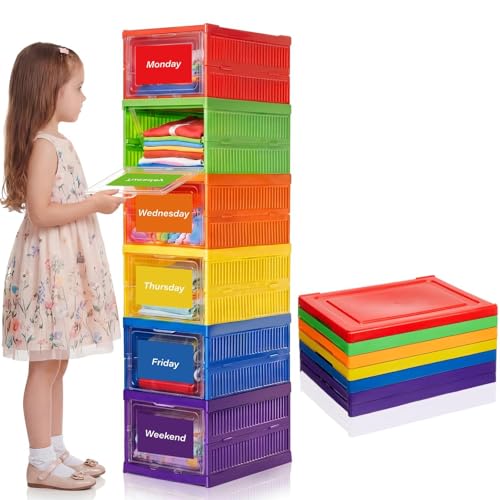 Gerrii 6 Shelf Daily Weekly Clothes Organizer for Kids Foldable Weekly Closet Organizer Storage Box with Door Plastic Closet Storage for Boys and Girls Monday Through Friday Essential Stuff(Rainbow) - color: Rainbow