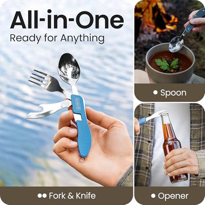 Orblue 4-in-1 Camping Utensils, 1-Pack, Portable Stainless Steel Spoon, Fork, Knife & Bottle Opener Combo Set - Travel, Backpacking Cutlery Multitool, Blue - color: 1-PACK Ultramarine Blue