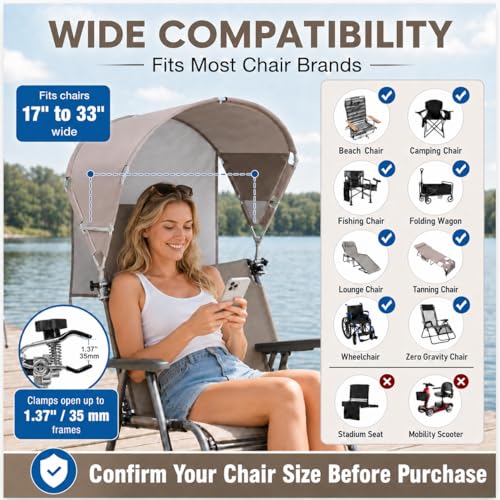 Universal Wind-Resistant Chair Umbrella Canopy, Foldable Portable UPF 50+ Sun Shade Attachment with Adjustable Clamp, Fits Most Beach, Camping, Lawn, Sports, Tanning, Zero Gravity Chairs, Patented - style: Regular