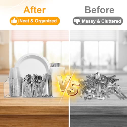 Acrylic Paper Plate Organizer and Dispenser – Extra Capacity Plate and Utensil Caddy for Plates, Cups, Napkins and Cutlery, Ideal for Kitchen, Parties, Picnics, Weddings, and Outdoor Events - size: Extra Capacity(13 x 8.66 Inch)