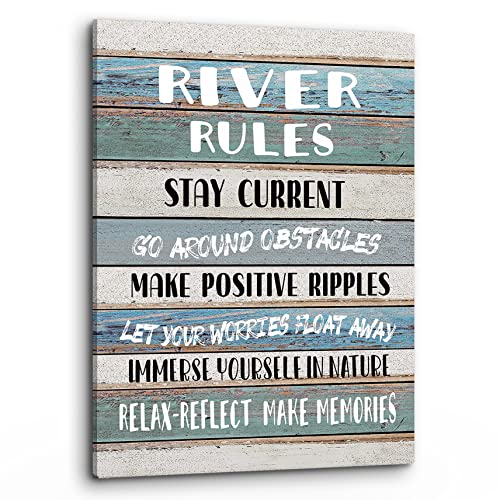 PHAMTE Funny River Rules Inspirational Quotes Wall Art, Farmhouse River Lake House Sign Print Framed Canvas Painting Artwork Home Room Office Decor（11x14 Inch - color: River, size: 14"L x 11"W