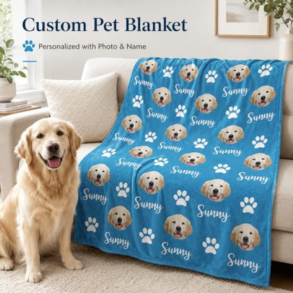 Personalized Dog Blanket, Customized Pet Blankets with Name Picture, Throw Blanket for Small Medium Large Dog Puppy Cat - color: B-blue