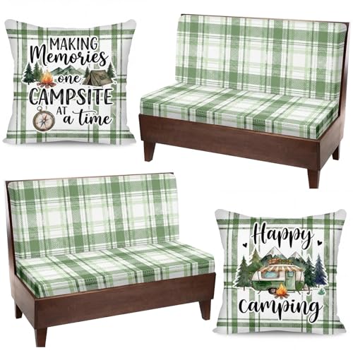 6 Pcs RV Dinette Cushion Covers Set Green Plaid Camper Cushion Covers Replacement Soft Washable RV Happy Camping Seat Cover for Travel Trailer Motorhome Booth Dinette Green Camper Interior Decor - color: Green Plaid