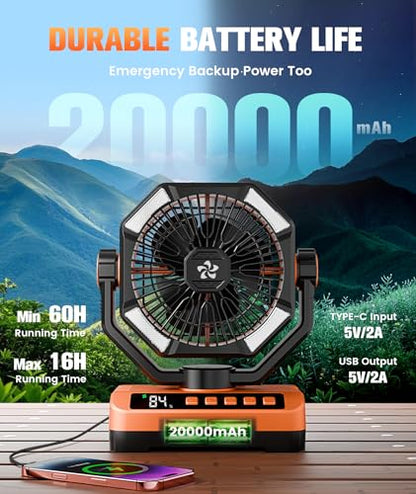 Camping Fan Battery Powered Fan - Rechargeable with Starlight, 20000mAh Battery Operated Outdoor 5 Speed Desk Fans with LED,Hook,Remote Control, Timer,Personal Fans for Tent, Power Outage, Fishing