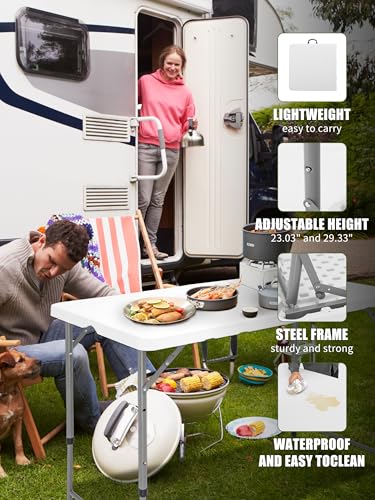 Folding Camping Table 4 Foot Adjustable Height 350lbs, 4FT Folding Picnic Card Table for Outdoor, Plastic Rectangular Dining Work Tables for Indoor, Heavy Duty Fold-in-Half Tray Tables - size: 4 FT