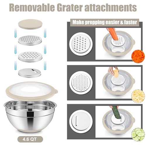 E-far Mixing Bowls with Lids Set, 15PCS Stainless Steel Mixing Nesting Bowl with Colander & 3 Metal Grater for Kitchen Prep/Baking/Storage, Non-Slip Bottom & Airtight Lid, 4.6, 3, 1.5, 1, 0.7QT, Khaki - color: Khaki