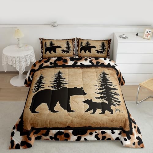 Erosebridal Rustic Bear Family Bedding Set King Vintage Wildlife Country Comforter Set for Women Men Adults Western Farmhouse Woodland Down Comforter Pine Tree Leopard Print Bed Set Bedroom Decor - color: Black White and Brown, size: King