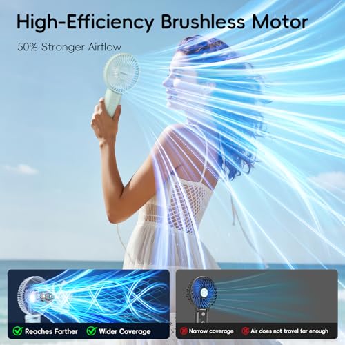 HandFan Upgraded 10,000 mAh Quiet Handheld Fan - 4.5 Inch Large Hand Held Fans Reahargeable, 180° Foldable Portable Fan [30 Working Hours] with Lanyard, Base for Disney/Travel/Concerts/Beach/Office - color: Clear‑Blade Sage Green‑10000mAh