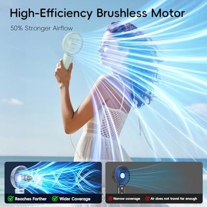 HandFan Upgraded 10,000 mAh Quiet Handheld Fan - 4.5 Inch Large Hand Held Fans Reahargeable, 180° Foldable Portable Fan [30 Working Hours] with Lanyard, Base for Disney/Travel/Concerts/Beach/Office - color: Clear‑Blade Sage Green‑10000mAh