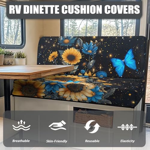 Butterrfly Sunflower Starry Night Pattern RV Dinette Cushion Covers Camper Sofa Cushion Cover Stretchable RV Dinette Seat Covers 2Pcs with Backrest & Bench Cover, 2 Sets - color: Butterrfly Sunflower Starry Night