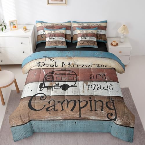 Erosebridal Short King Comforter Set with Sheets for Rv Camper, Rustic Farmhouse Bed in A Bag 7 Piece Camper Car Accessories for Travel Trailers Bedding Camping Bunks Bed Set - color: Black Blue Red Brown, size: King