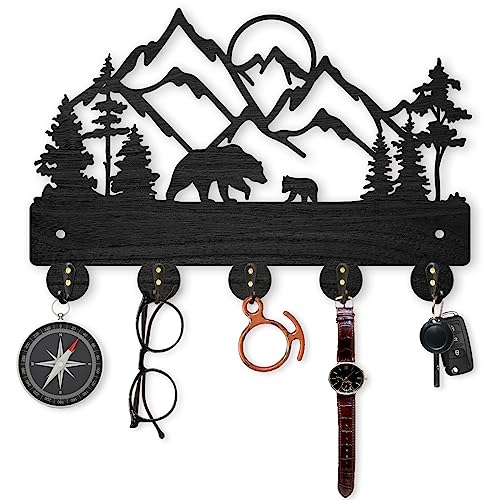 MAYJOYDIY Mountain Forest Key Holder for Wall 11.8×8inch Tree Bear Family Key Organizer Wood Wall Coat Hanger Hooks 5 Alloy Hooks Animal Theme Hooks for Gift Entrance Living Room Office Home Art Decor - color: Mountain Forest