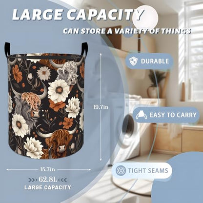 Cute Highland Cow and Flowers Laundry Basket with Handles, 19.7"x15.7" Clothes Foldable Laundry Hamper Organizer for Dorm Nursery Bedroom Bathroom Decor, Toy Storage Bin for Kids - style: Highland Cow09