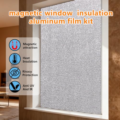 Magnetic Window Insulation Kit Suitable for Summer and Winter, Heat Reflective Window Film and Magnetic Strip Kit Suitable for Windows,RV Windows,Self Adhesive Easy Installation (48"x72"(122x183cm)) - size: 48" x 72"
