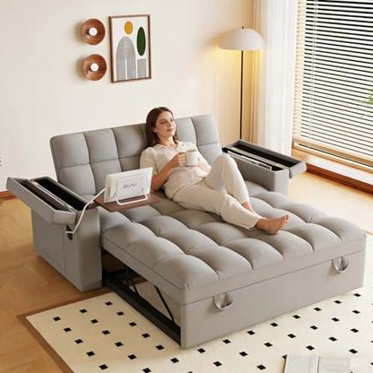 65" Foldable RV Love Seat Sofa, Modern Velvet Pull Out Couch with Table Board and UAB, Convertible Love Seat Sofa Bed with Adjustable Back and Pillow for Living Room, Small Spaces(Light Gray, 2 Seat) - color: Light Gray, size: 2 Seat