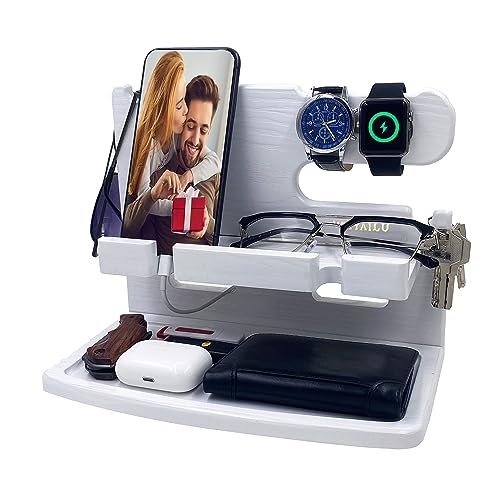 VEIYAILU Gifts for Women Girlfriend Him Men Dad Husband Boyfriend Nightstand Organizer Wood Phone Docking Station(White) - color: white