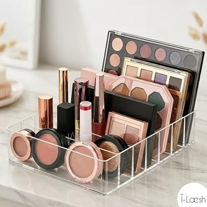 i-laesh 7-Slot Acrylic Makeup Palette Organizer - Clear Makeup Organizer 0.98" Wide Slots, Eyeshadow Holder for Vanity Drawer, Fits Thick Palettes, Blushes, CDs, Anime Badges & Craft Paints