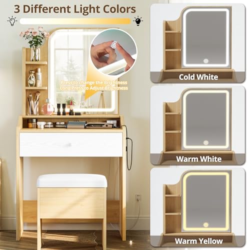 LIKIMIO Small Makeup Vanity Desk with Mirror and Lights, Vanity Table Set with Storage Drawer, Chair and Three Shelves, Bedroom, Wood - color: Wood