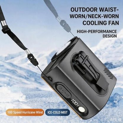 2026 AI Wearable Waist/Neck Hanging Fan,with Ice Cooler & Flashlight,10000mAh Rechargeable Clip On Belt Cooling Fan, 100-Speed 16000RPM Personal Body Fan,25H Work Time for Outdoor, Jobsite,Camping - color: Black