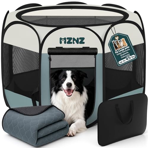 Dog Playpen with Pee Pad, Portable Puppy Pet Crate Indoors for Small/Medium/Large Dogs Cats Rabbits, Foldable Dog Cage Enclosure for Outdoor, Pop Up Dogs Tent Kennel with Carrying Case, Grey - color: Grey, size: Large with Pee Pad (45"L x 45"W x 23"H)